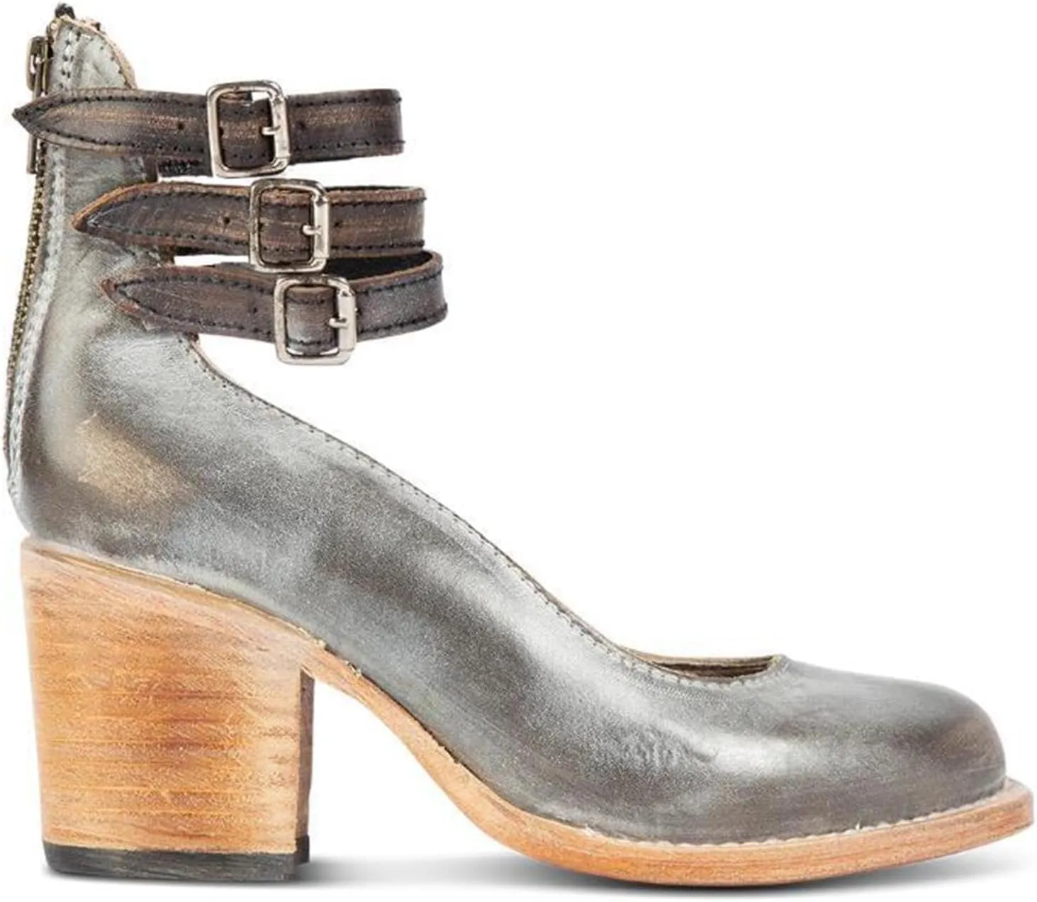 Women’s Leather Ankle Strap High Heel Pumps Vintage Style Block Heel Mary Jane Shoes with Adjustable Buckles Round Toe Back Zipper Pumps for Women