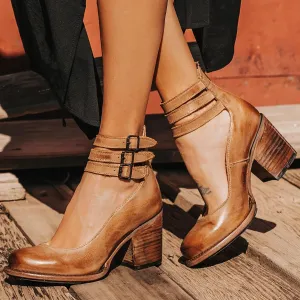 Womens Leather Ankle Strap High Heel Pumps Vintage Style Block Heel Mary Jane Shoes with Adjustable Buckles Round Toe Back Zipper Pumps for Women