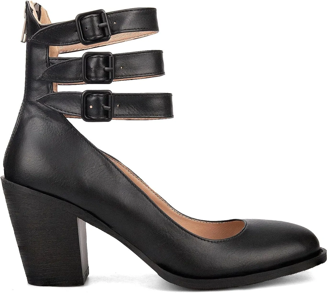 Women’s Leather Ankle Strap High Heel Pumps Vintage Style Block Heel Mary Jane Shoes with Adjustable Buckles Round Toe Back Zipper Pumps for Women