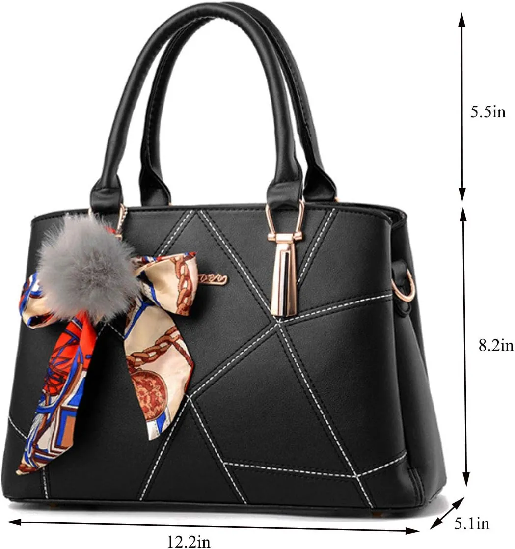 Womens Leather Handbags Purses Top-handle Totes Satchel Shoulder Bag for Ladies With Pompon and Bowknot