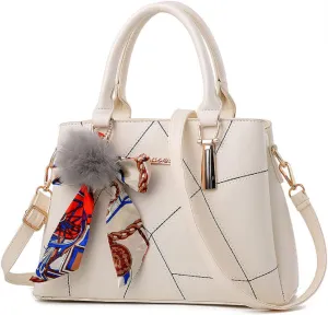 Womens Leather Handbags Purses Top-handle Totes Satchel Shoulder Bag for Ladies With Pompon and Bowknot