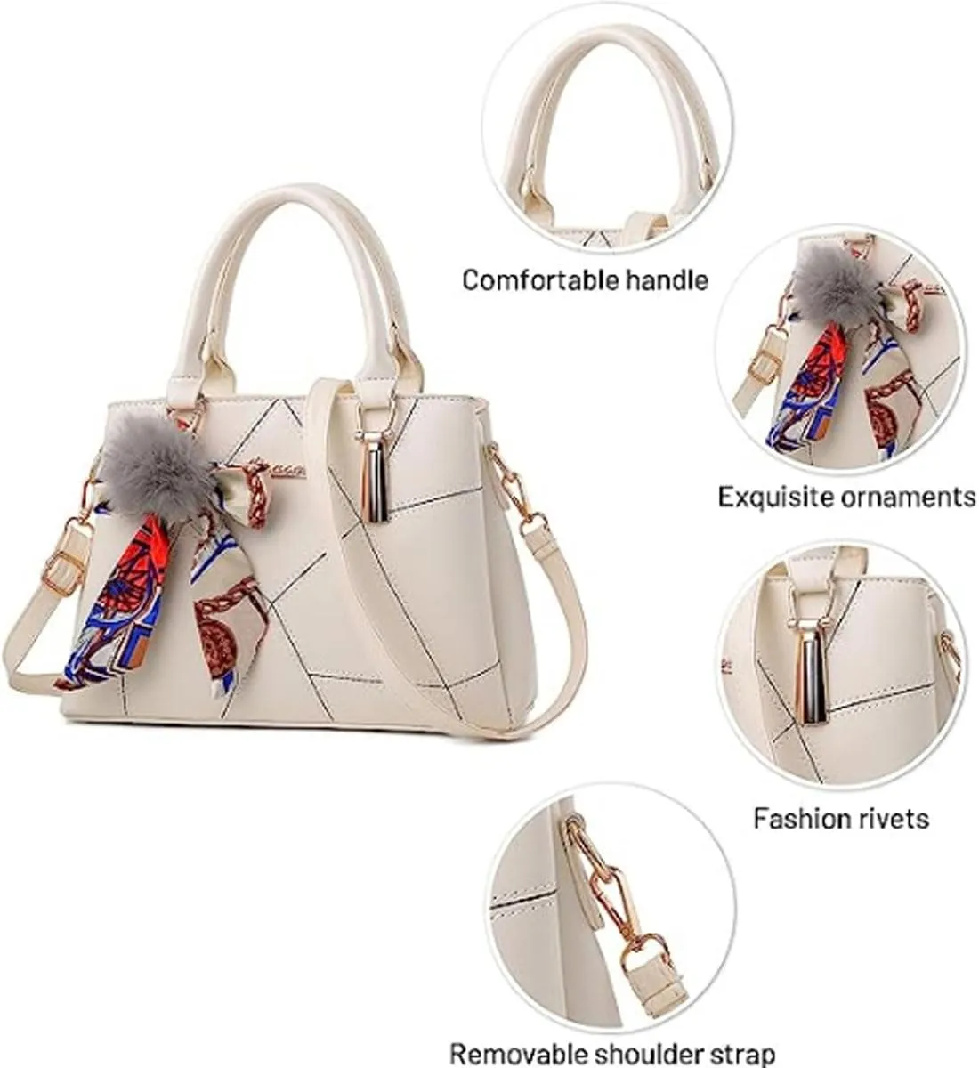 Womens Leather Handbags Purses Top-handle Totes Satchel Shoulder Bag for Ladies With Pompon and Bowknot