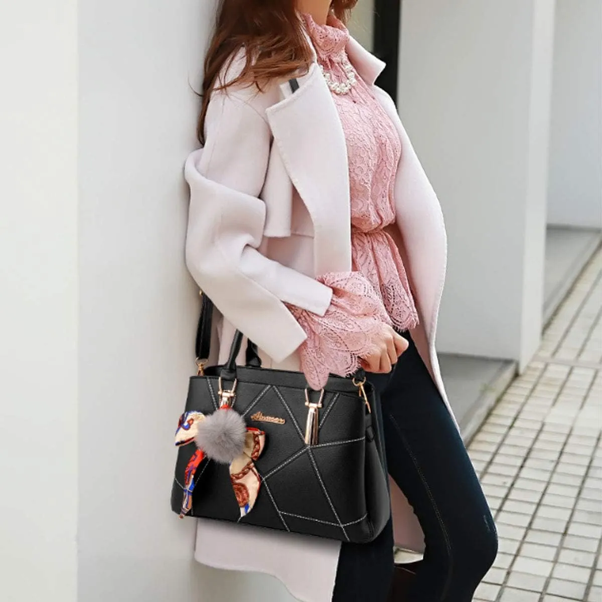 Womens Leather Handbags Purses Top-handle Totes Satchel Shoulder Bag for Ladies With Pompon and Bowknot
