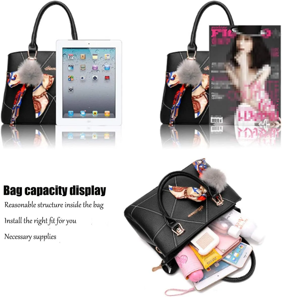 Womens Leather Handbags Purses Top-handle Totes Satchel Shoulder Bag for Ladies With Pompon and Bowknot