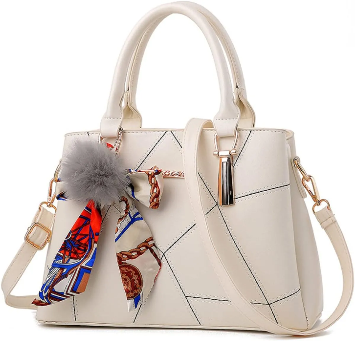 Womens Leather Handbags Purses Top-handle Totes Satchel Shoulder Bag for Ladies With Pompon and Bowknot