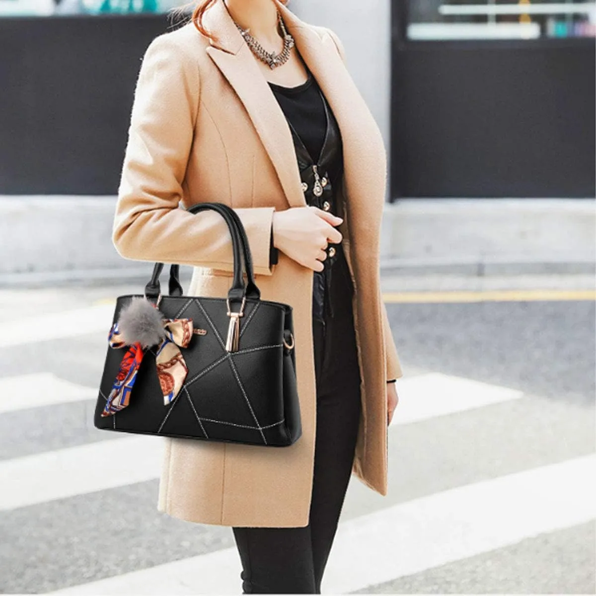 Womens Leather Handbags Purses Top-handle Totes Satchel Shoulder Bag for Ladies With Pompon and Bowknot