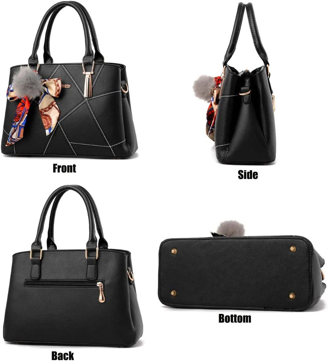 Womens Leather Handbags Purses Top-handle Totes Satchel Shoulder Bag for Ladies With Pompon and Bowknot