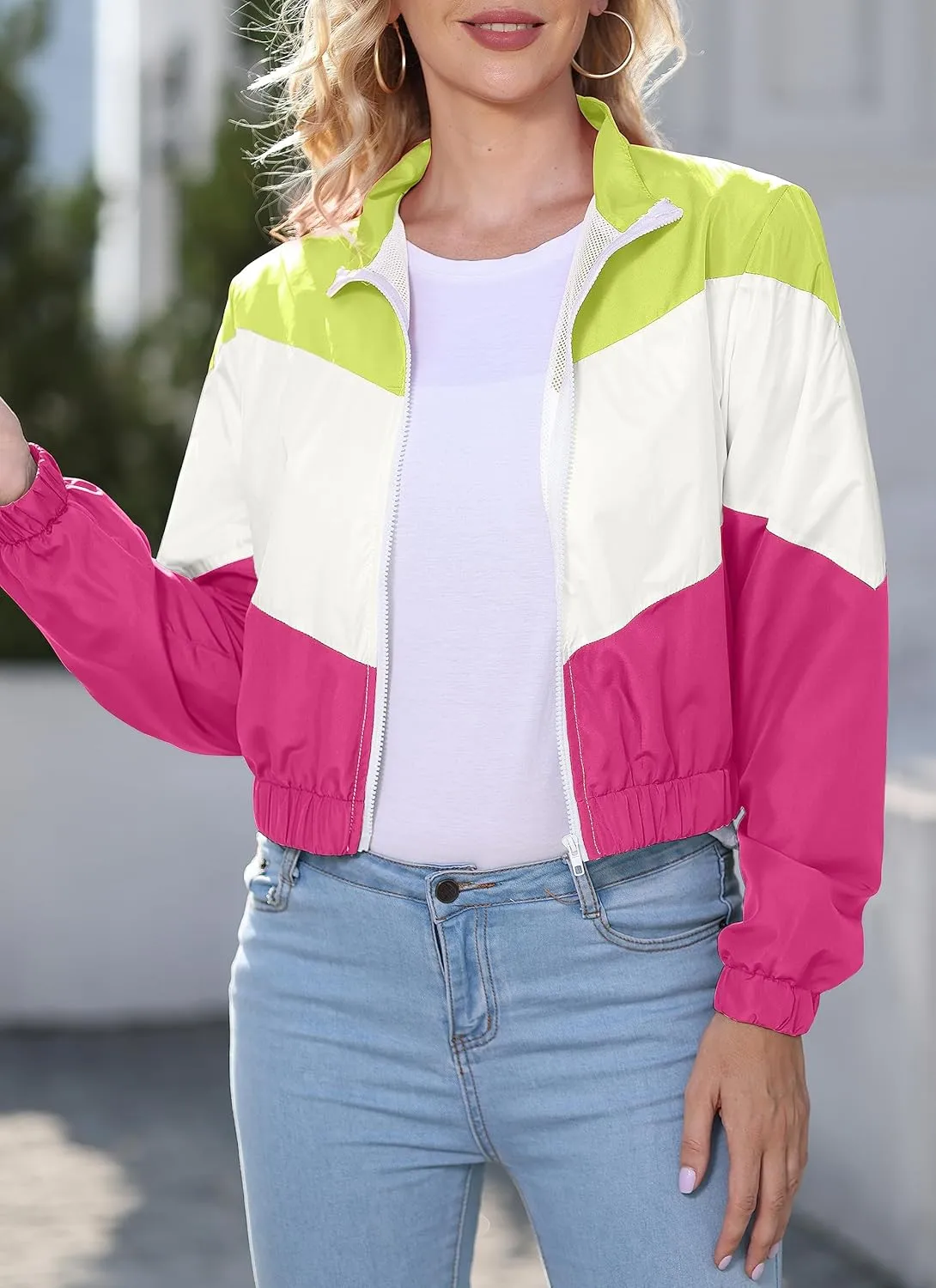Women’s Lightweight Windbreaker Sport Jacket Zip Up Color Block Coat Casual Long Sleeve Jogging Outerwear