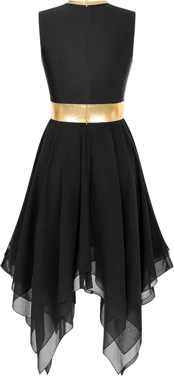 Women's Liturgical Praise Lyrical Dance Dress Sleeveless Metallic Color Block Worship Costumes