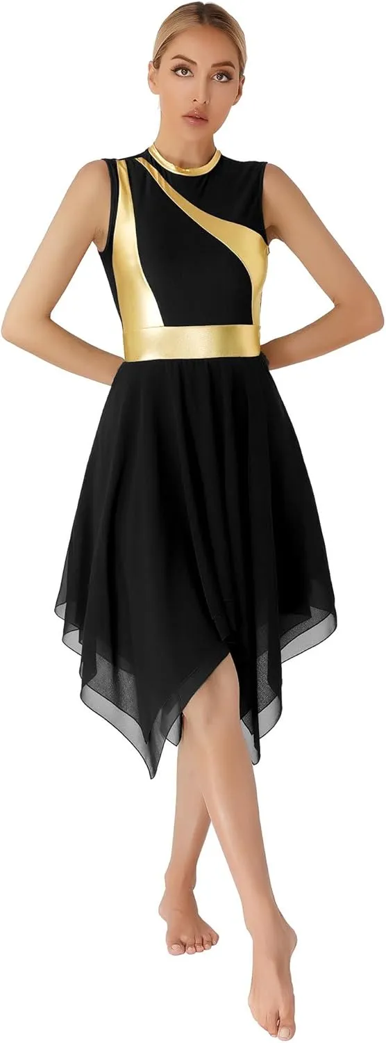 Women's Liturgical Praise Lyrical Dance Dress Sleeveless Metallic Color Block Worship Costumes