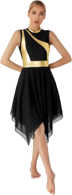 Women's Liturgical Praise Lyrical Dance Dress Sleeveless Metallic Color Block Worship Costumes