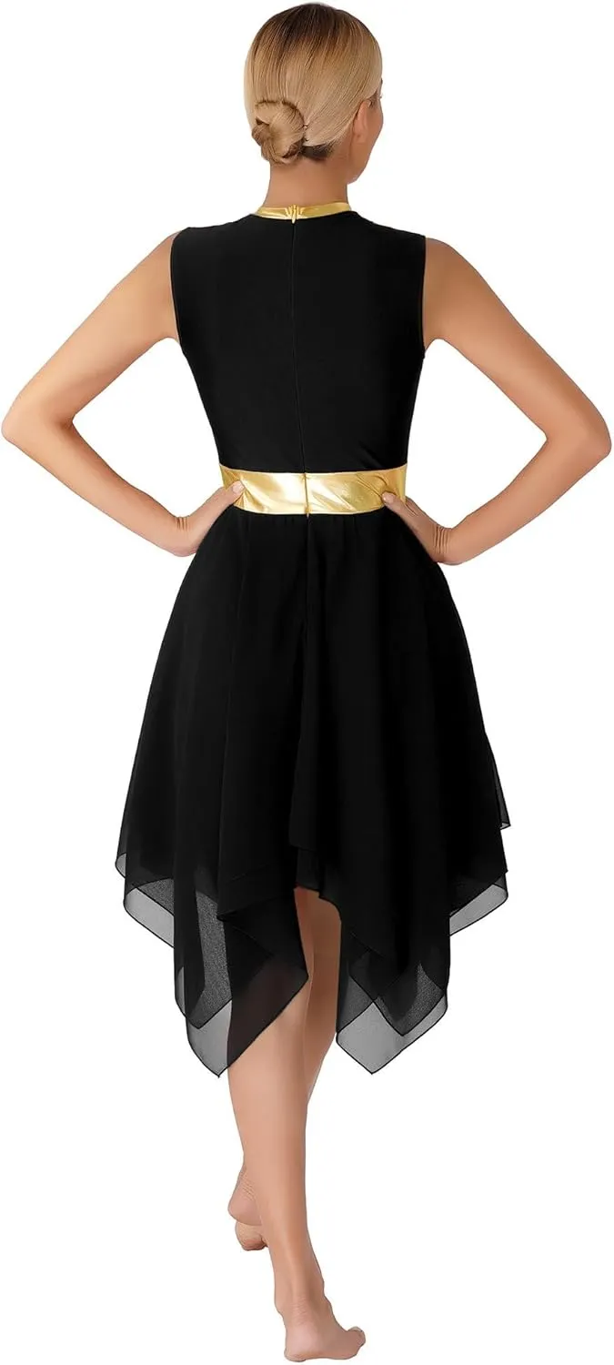 Women's Liturgical Praise Lyrical Dance Dress Sleeveless Metallic Color Block Worship Costumes