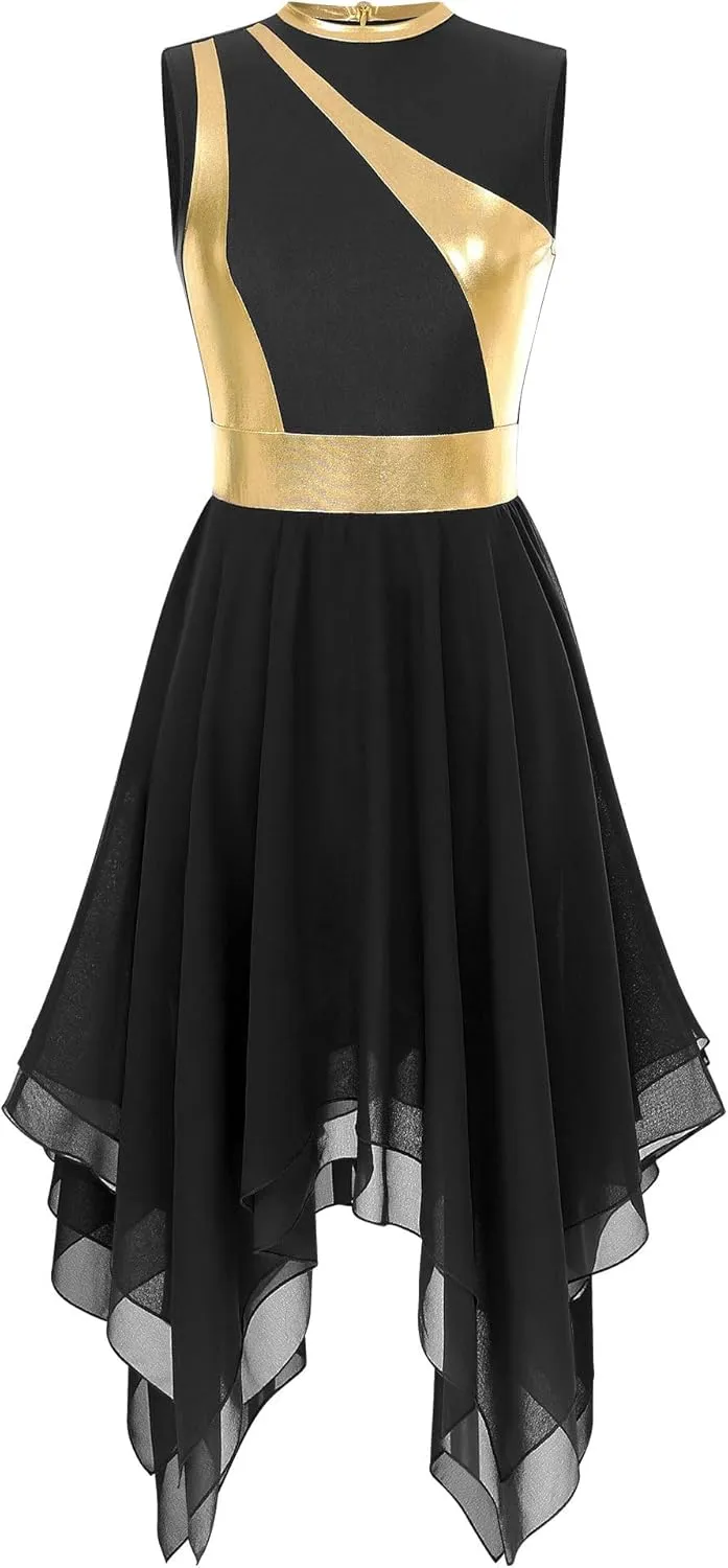 Women's Liturgical Praise Lyrical Dance Dress Sleeveless Metallic Color Block Worship Costumes
