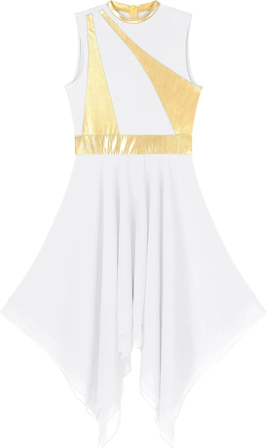 Women's Lyrical Praise Dance Dress Worship Tunic Metallic Color Block Irregular Hem Performance Costume