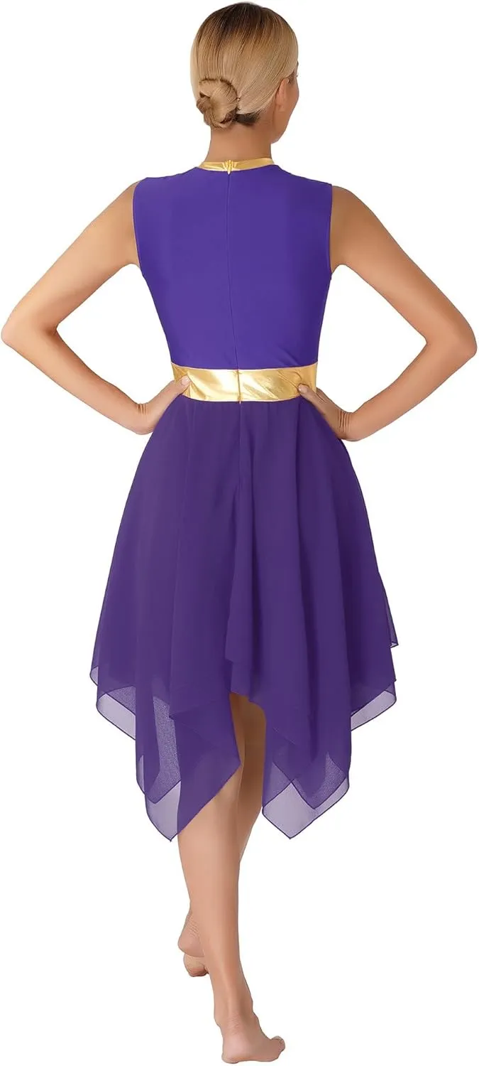Women's Lyrical Praise Dance Dress Worship Tunic Metallic Color Block Irregular Hem Performance Costume