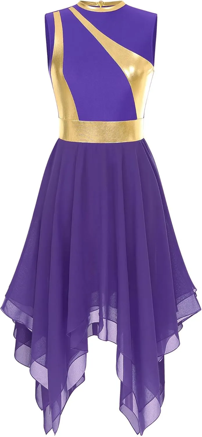 Women's Lyrical Praise Dance Dress Worship Tunic Metallic Color Block Irregular Hem Performance Costume