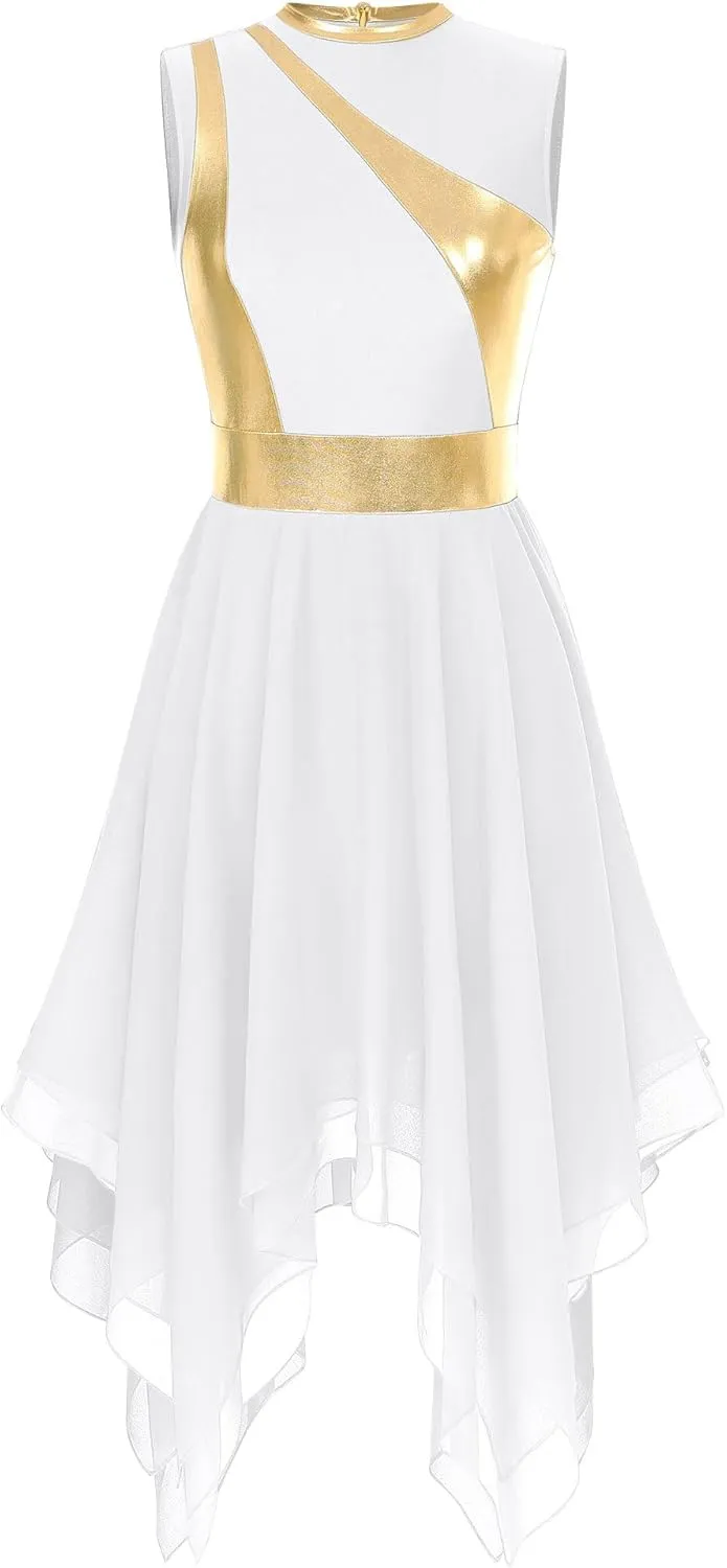 Women's Lyrical Praise Dance Dress Worship Tunic Metallic Color Block Irregular Hem Performance Costume