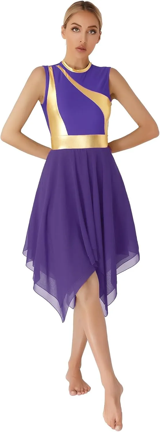 Women's Lyrical Praise Dance Dress Worship Tunic Metallic Color Block Irregular Hem Performance Costume