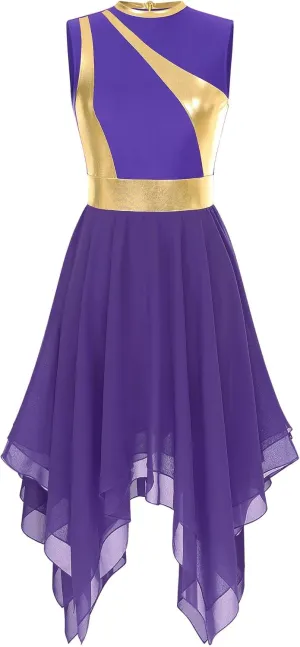 Women's Lyrical Praise Dance Dress Worship Tunic Metallic Color Block Irregular Hem Performance Costume