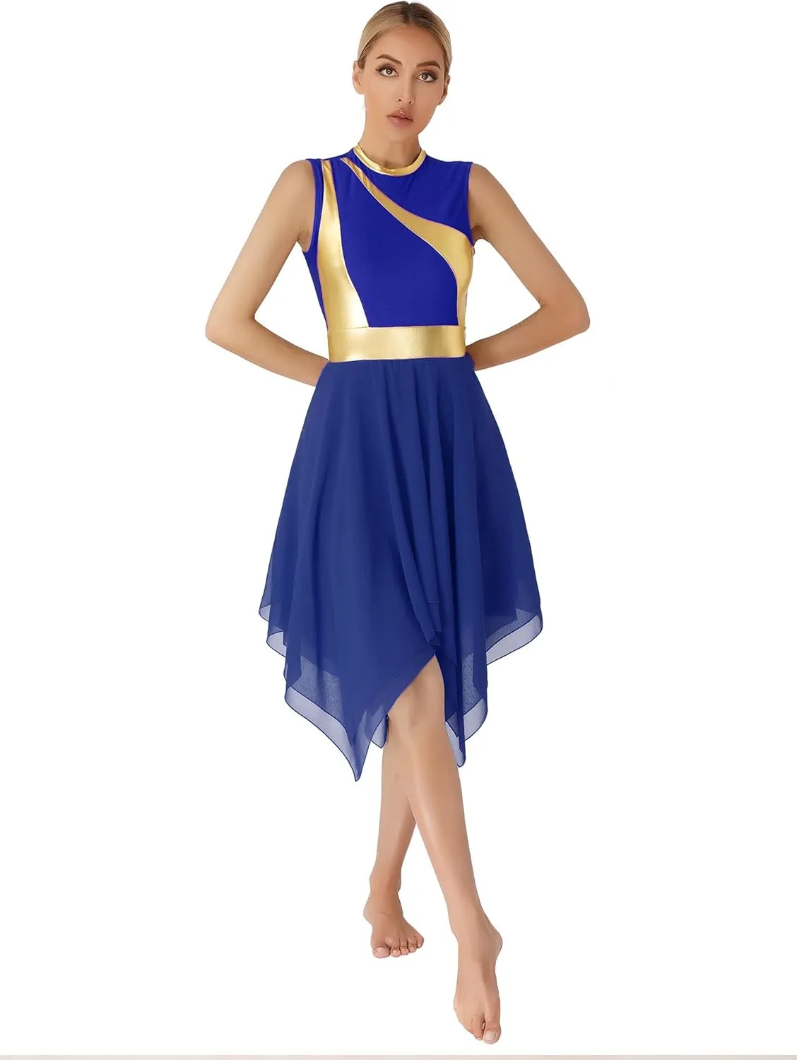 Women's Lyrical Praise Dance Dress Worship Tunic Metallic Color Block Irregular Hem Performance Costume