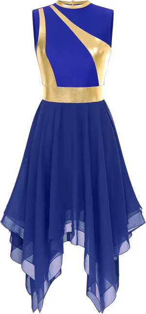 Women's Lyrical Praise Dance Dress Worship Tunic Metallic Color Block Irregular Hem Performance Costume