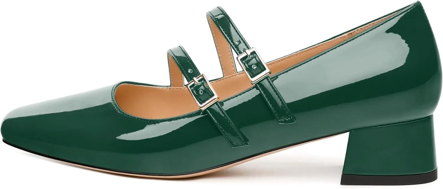 Womens Mary Jane Pumps, Square Toe Low Block Heel Pumps for Women, Leather Insloe Comfort Daily Two Straps Mary Janes 1.3"