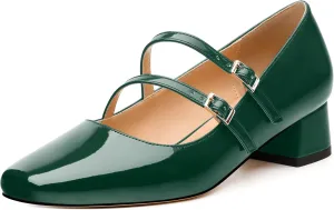 Womens Mary Jane Pumps, Square Toe Low Block Heel Pumps for Women, Leather Insloe Comfort Daily Two Straps Mary Janes 1.3"