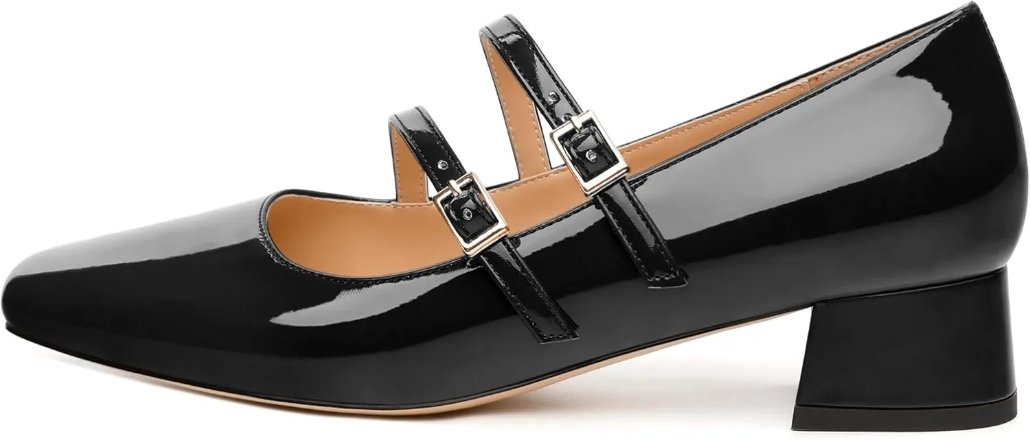 Womens Mary Jane Pumps, Square Toe Low Block Heel Pumps for Women, Leather Insloe Comfort Daily Two Straps Mary Janes 1.3"