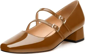 Womens Mary Jane Pumps, Square Toe Low Block Heel Pumps for Women, Leather Insloe Comfort Daily Two Straps Mary Janes 1.3"