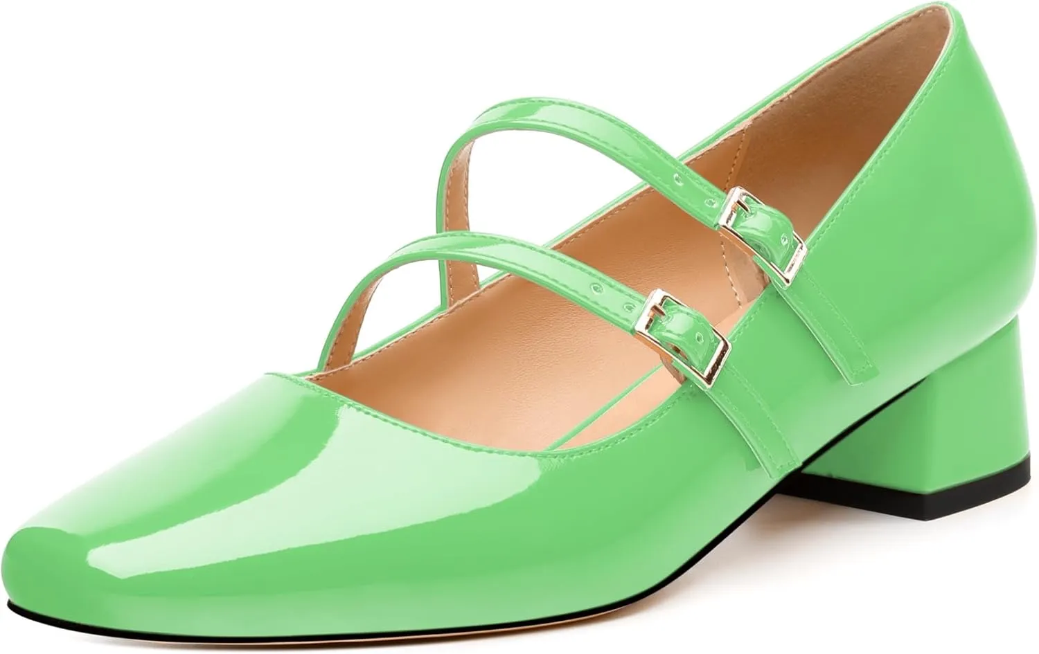 Womens Mary Jane Pumps, Square Toe Low Block Heel Pumps for Women, Leather Insloe Comfort Daily Two Straps Mary Janes 1.3"