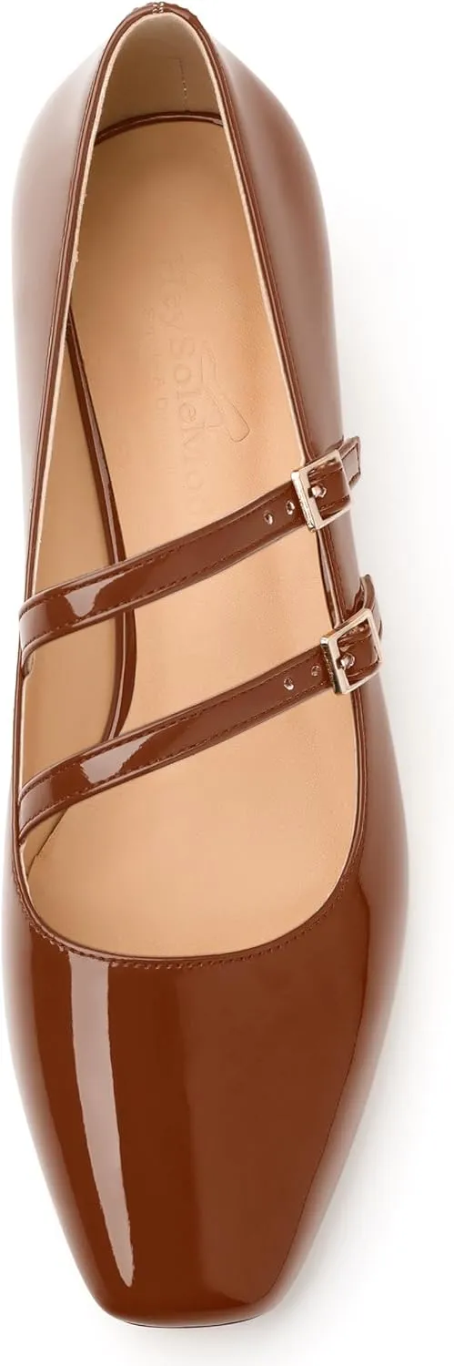 Womens Mary Jane Pumps, Square Toe Low Block Heel Pumps for Women, Leather Insloe Comfort Daily Two Straps Mary Janes 1.3"