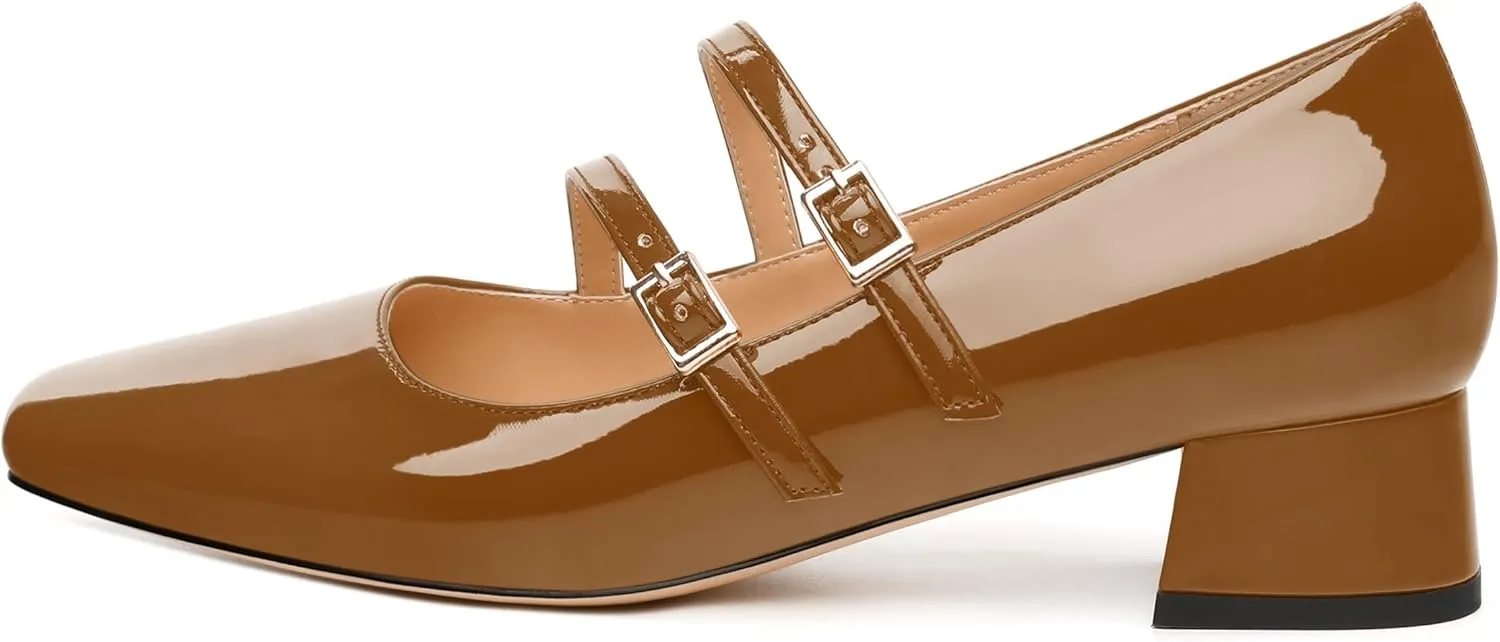 Womens Mary Jane Pumps, Square Toe Low Block Heel Pumps for Women, Leather Insloe Comfort Daily Two Straps Mary Janes 1.3"