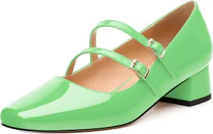 Womens Mary Jane Pumps, Square Toe Low Block Heel Pumps for Women, Leather Insloe Comfort Daily Two Straps Mary Janes 1.3"