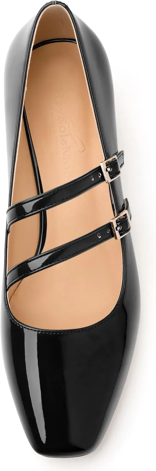 Womens Mary Jane Pumps, Square Toe Low Block Heel Pumps for Women, Leather Insloe Comfort Daily Two Straps Mary Janes 1.3"