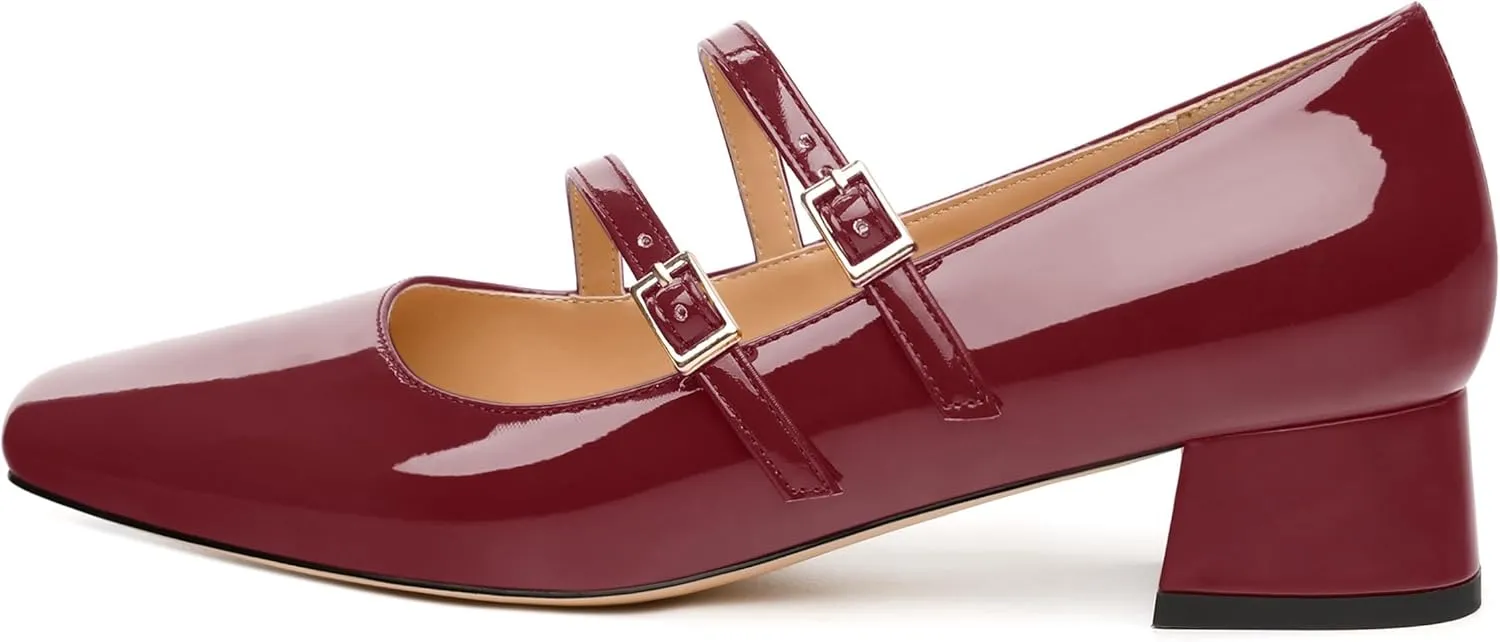 Womens Mary Jane Pumps, Square Toe Low Block Heel Pumps for Women, Leather Insloe Comfort Daily Two Straps Mary Janes 1.3"
