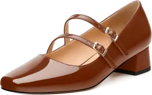 Womens Mary Jane Pumps, Square Toe Low Block Heel Pumps for Women, Leather Insloe Comfort Daily Two Straps Mary Janes 1.3"