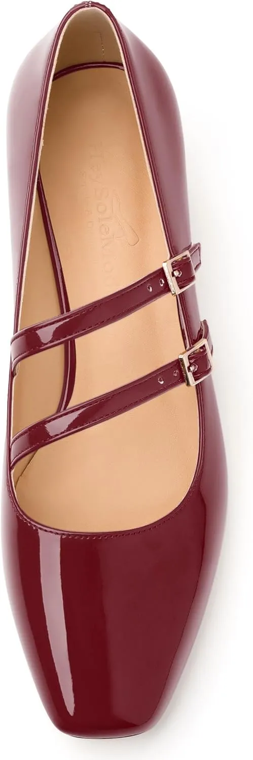 Womens Mary Jane Pumps, Square Toe Low Block Heel Pumps for Women, Leather Insloe Comfort Daily Two Straps Mary Janes 1.3"