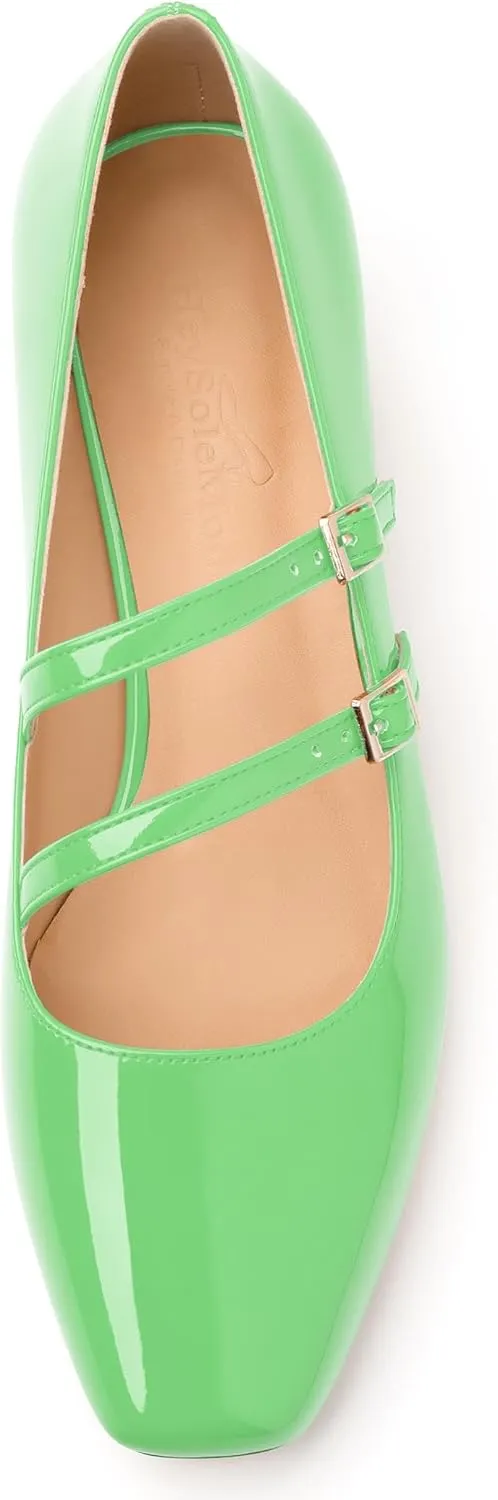 Womens Mary Jane Pumps, Square Toe Low Block Heel Pumps for Women, Leather Insloe Comfort Daily Two Straps Mary Janes 1.3"