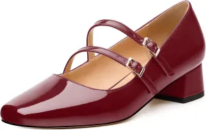 Womens Mary Jane Pumps, Square Toe Low Block Heel Pumps for Women, Leather Insloe Comfort Daily Two Straps Mary Janes 1.3"