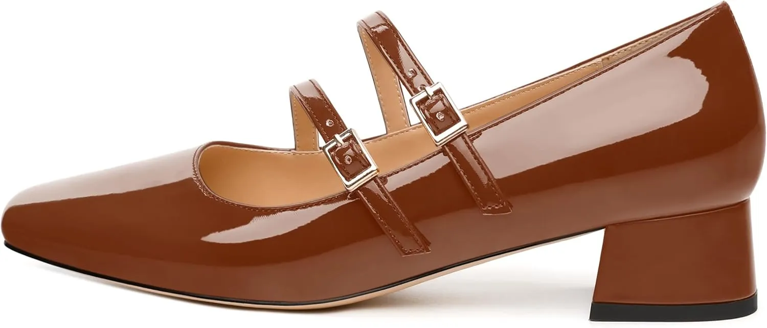 Womens Mary Jane Pumps, Square Toe Low Block Heel Pumps for Women, Leather Insloe Comfort Daily Two Straps Mary Janes 1.3"