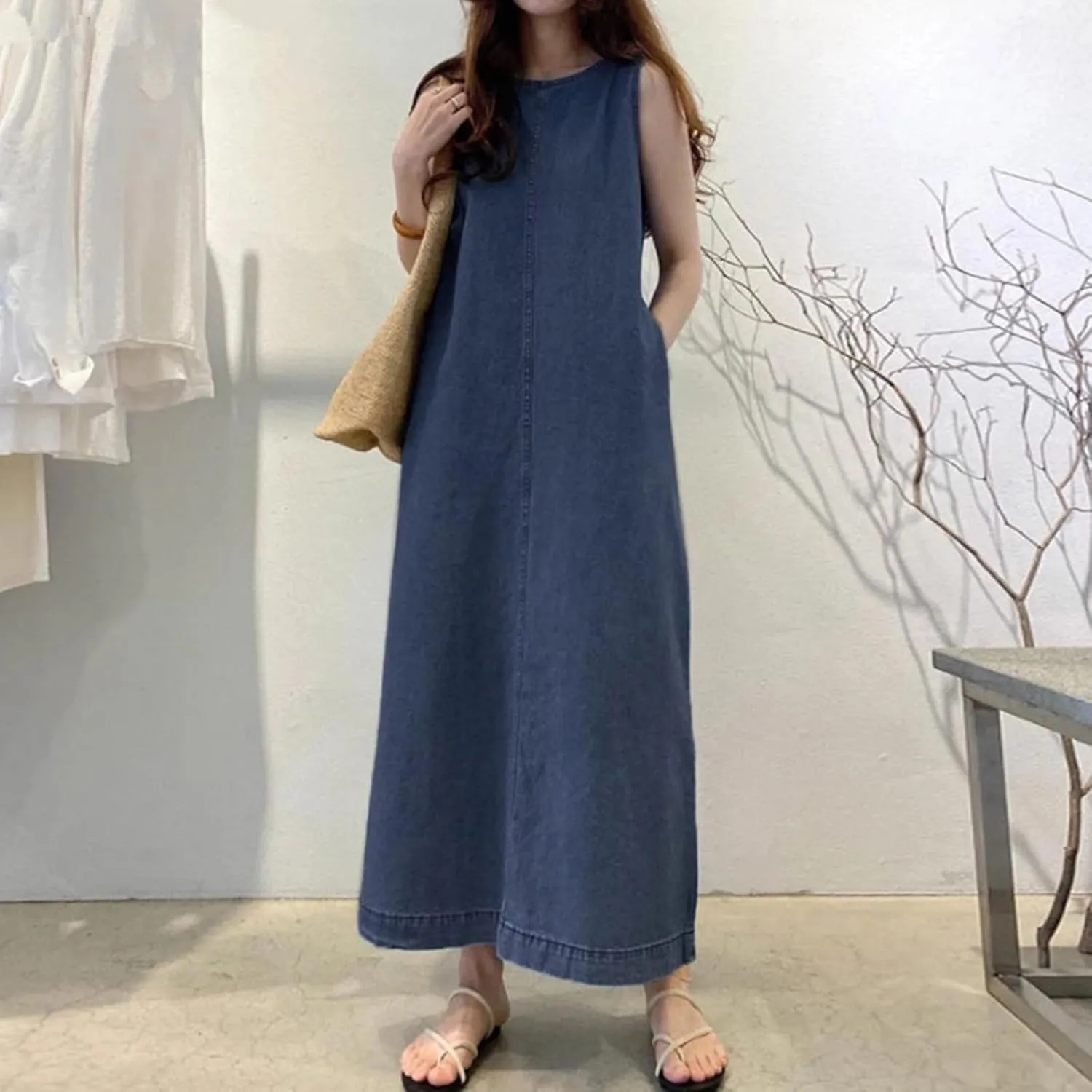 Womens Maxi Denim Dress Casual Sleeveless Crewneck Patchwork Vintage Loose Long Vest Jean Dress with Pockets 2025