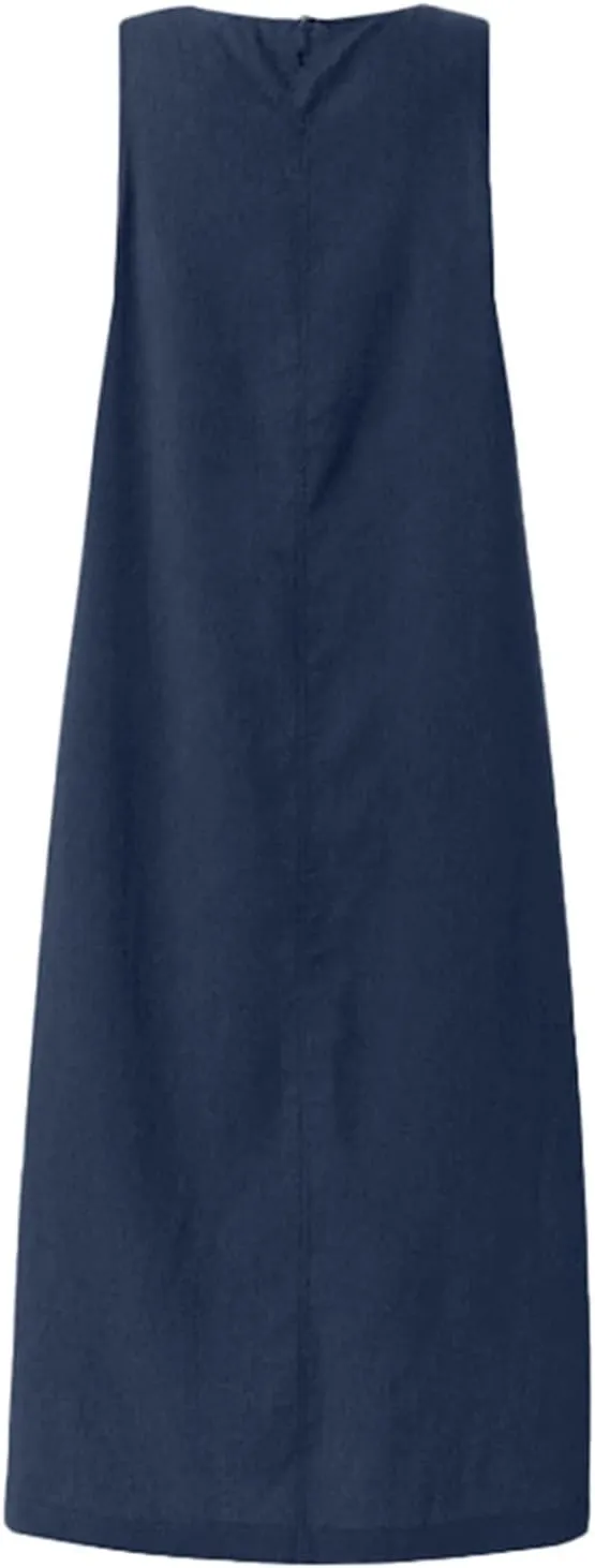 Womens Maxi Denim Dress Casual Sleeveless Crewneck Patchwork Vintage Loose Long Vest Jean Dress with Pockets 2025