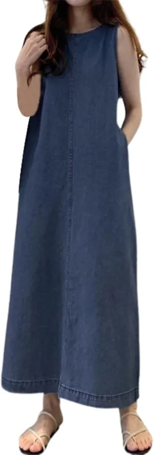 Womens Maxi Denim Dress Casual Sleeveless Crewneck Patchwork Vintage Loose Long Vest Jean Dress with Pockets 2025