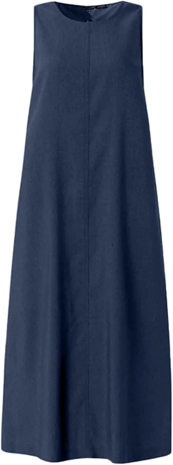 Womens Maxi Denim Dress Casual Sleeveless Crewneck Patchwork Vintage Loose Long Vest Jean Dress with Pockets 2025