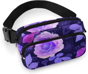 Womens Multi-Function Crossbody Bag Fanny Pack Compatible with Spring Season Trippy Purple Flowers Floral Roses for Workout/Travel/Hiking