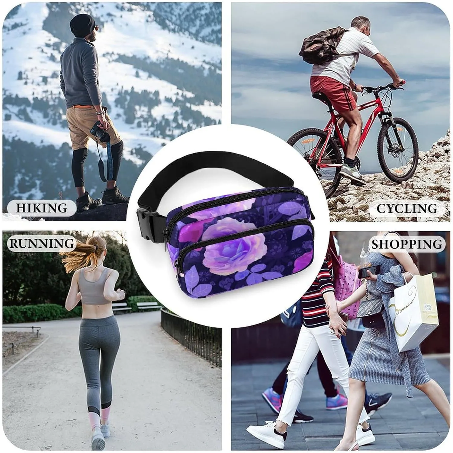 Womens Multi-Function Crossbody Bag Fanny Pack Compatible with Spring Season Trippy Purple Flowers Floral Roses for Workout/Travel/Hiking