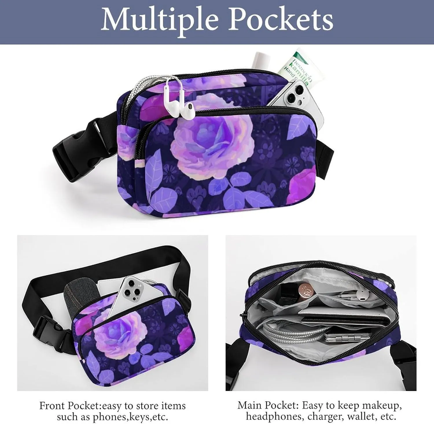 Womens Multi-Function Crossbody Bag Fanny Pack Compatible with Spring Season Trippy Purple Flowers Floral Roses for Workout/Travel/Hiking