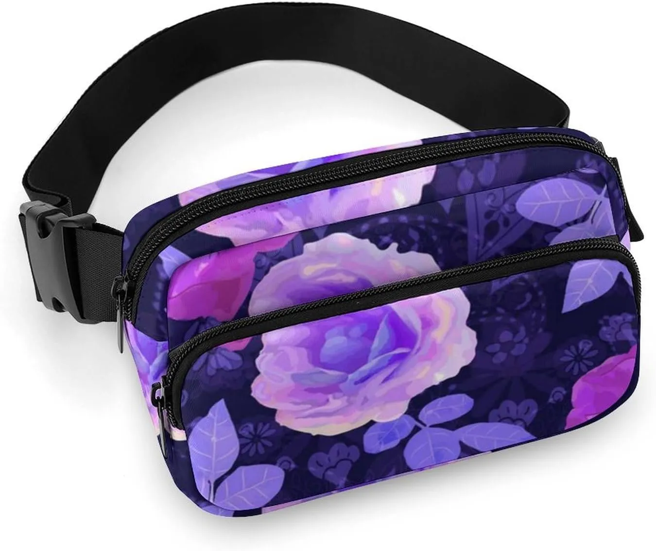 Womens Multi-Function Crossbody Bag Fanny Pack Compatible with Spring Season Trippy Purple Flowers Floral Roses for Workout/Travel/Hiking