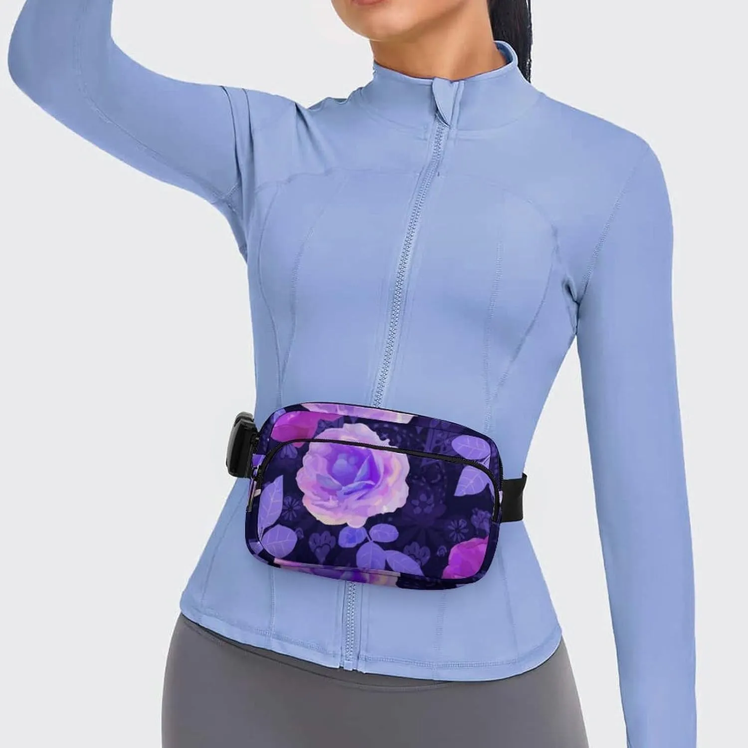 Womens Multi-Function Crossbody Bag Fanny Pack Compatible with Spring Season Trippy Purple Flowers Floral Roses for Workout/Travel/Hiking