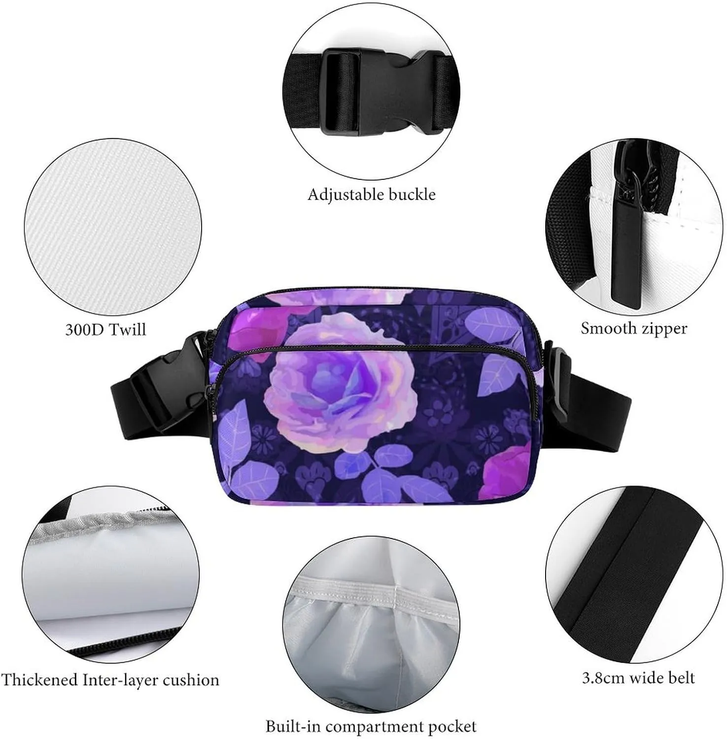 Womens Multi-Function Crossbody Bag Fanny Pack Compatible with Spring Season Trippy Purple Flowers Floral Roses for Workout/Travel/Hiking